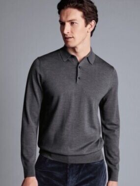 Modern English Charcoal Grey 100% Merino Wool Collared Polo Sweater XXL